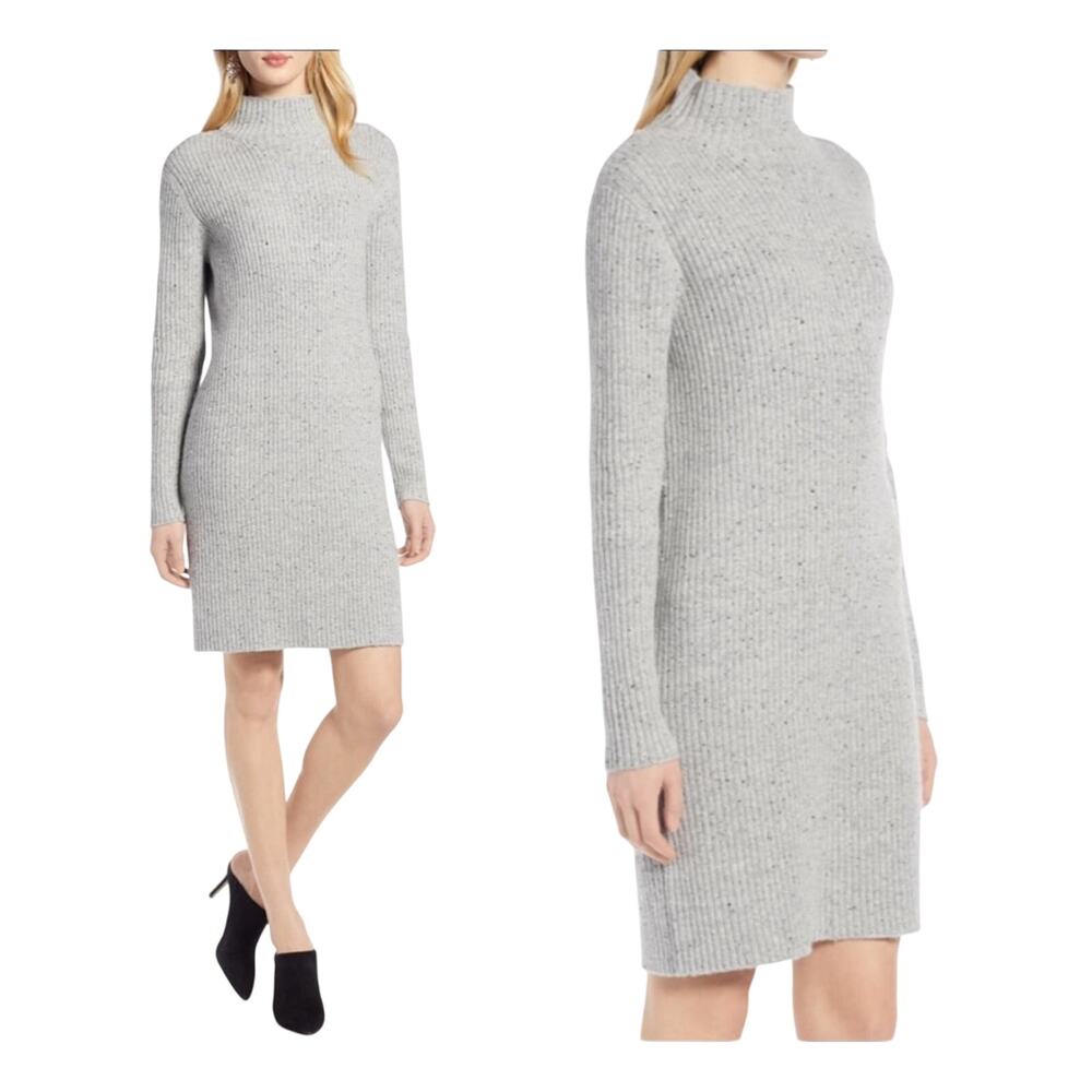 Halogen Sweater Dress Grey Ribbed Speckle Knit Mock Neck Size XS